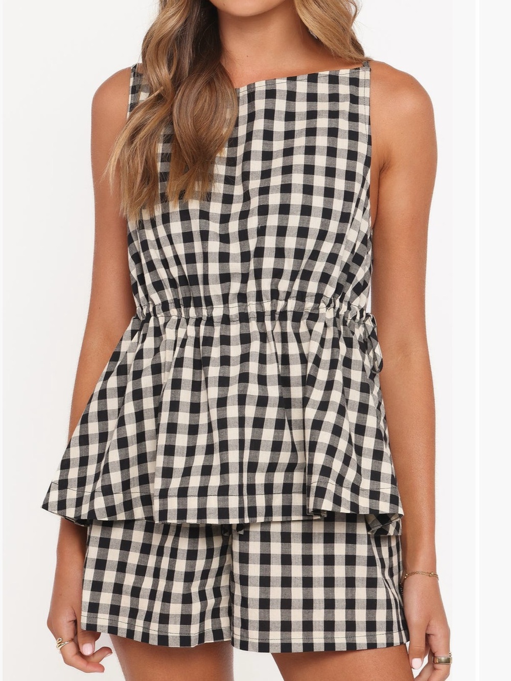Petal & Pup Black and Cream Gingham Sleeveless Peplum Top